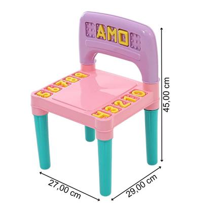 Imagem de Jogo de Mesa e Cadeiras Infantil Educativa Conjunto Com 1 Mesa e 2 Cadeiras Rosa Para Crianças Mesinha Didática Menina Com Alfabeto e Números Tritec