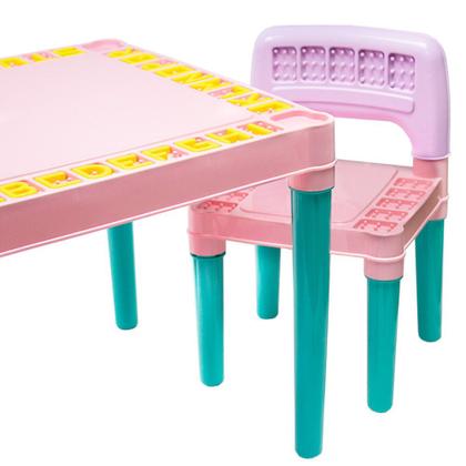 Imagem de Jogo de Mesa e Cadeiras Infantil Educativa Conjunto Com 1 Mesa e 2 Cadeiras Rosa Para Crianças Mesinha Didática Menina Com Alfabeto e Números Tritec