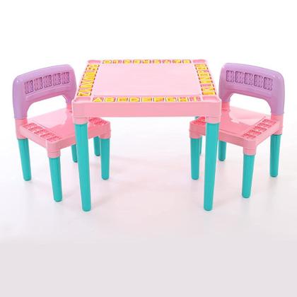 Imagem de Jogo de Mesa e Cadeiras Infantil Educativa Conjunto Com 1 Mesa e 2 Cadeiras Rosa Para Crianças Mesinha Didática Menina Com Alfabeto e Números Tritec