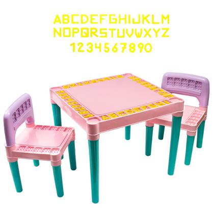Imagem de Jogo de Mesa e Cadeiras Infantil Educativa Conjunto Com 1 Mesa e 2 Cadeiras Rosa Para Crianças Mesinha Didática Menina Com Alfabeto e Números Tritec