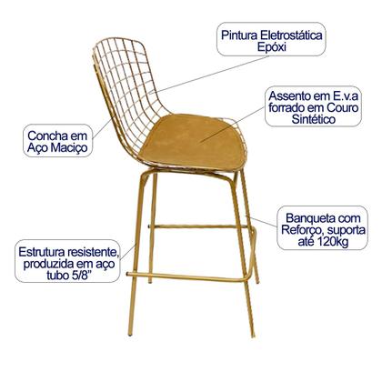 Imagem de Jogo de Mesa Ísis cor Dourado Fosco Bistrô Eames Eiffel 1,00 metro com Vidro 60cm + 2 Banquetas Bertoia Assento Caramelo Tubular