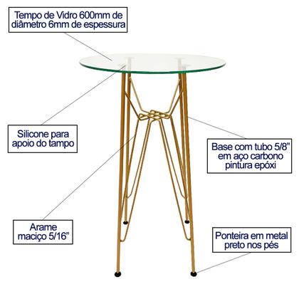Imagem de Jogo de Mesa Ísis cor Dourado Fosco Bistrô Eames Eiffel 1,00 metro com Vidro 60cm + 2 Banquetas Bertoia Assento Caramelo Tubular