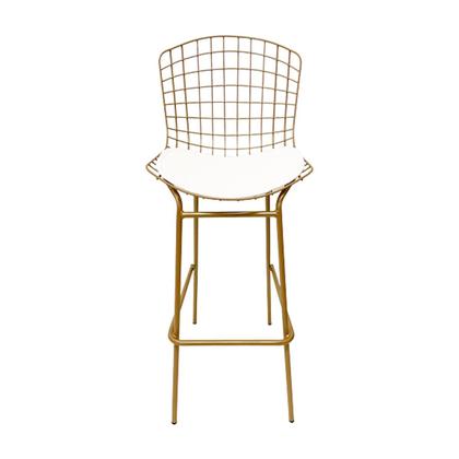 Imagem de Jogo de Mesa Ísis cor Dourado Fosco Bistrô Eames Eiffel 1,00 metro com Vidro 60cm e 2 Banquetas Bertoia Assento Branco Tubular