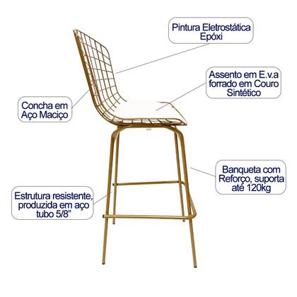 Imagem de Jogo de Mesa Ísis cor Dourado Fosco Bistrô Eames Eiffel 1,00 metro com Vidro 60cm e 2 Banquetas Bertoia Assento Branco Tubular