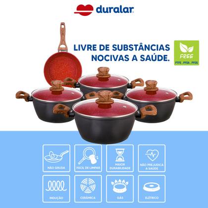Imagem de Jogo de Panela 5 Pç Cerâmica Antiaderente Red Marble Indução Fogão Cooktop Vermelho Duralar