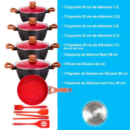 Imagem de Jogo de Panela 5 Pç Cerâmica Antiaderente Red Marble Indução Fogão Cooktop Vermelho Duralar