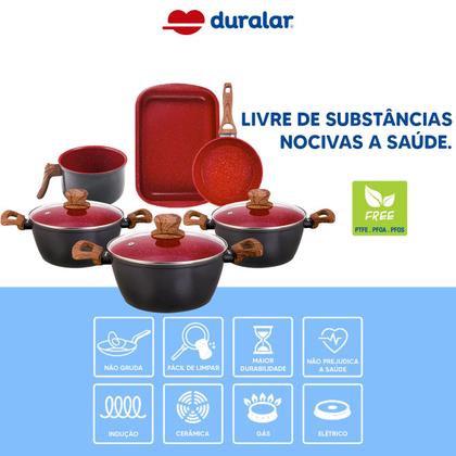 Imagem de Jogo de Panela 6 Pç Cerâmica Antiaderente Red Marble Indução Fogão Cooktop Vermelho Duralar