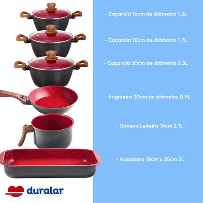 Imagem de Jogo de Panela 6 Pç Cerâmica Antiaderente Red Marble Indução Fogão Cooktop Vermelho Duralar