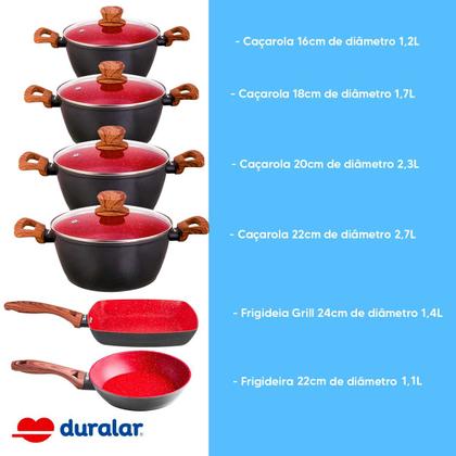 Imagem de Jogo de Panela 6 Pç Revestimento Cerâmica Red Marble Indução Fogão Cooktop Vermelho Duralar
