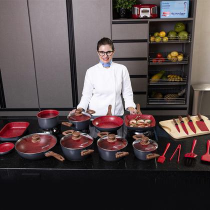 Imagem de Jogo de Panela 6 Pç Revestimento Cerâmica Red Marble Indução Fogão Cooktop Vermelho Duralar