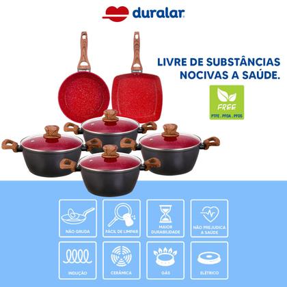 Imagem de Jogo de Panela 6 Pç Revestimento Cerâmica Red Marble Indução Fogão Cooktop Vermelho Duralar