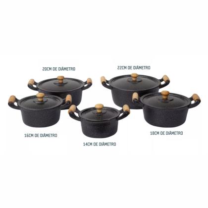 Imagem de Jogo De Panela Alumínio Fundido Batido Grosso Craqueado Preto 5 Peças Pomel de Madeira