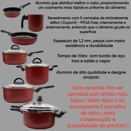 Imagem de Jogo de Panela Antiaderente 12 peças Teflon Com Panela de Pressão 3 Litros e Kit Utensílios