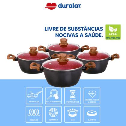Imagem de Jogo de Panela Caçarola 4 Peças Cerâmica Red Marble Indução Fogão Cooktop Vermelho Duralar