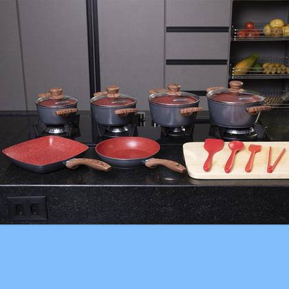 Imagem de Jogo de Panela Cerâmica Antiaderente Indução 10 Pçs Fogão Cooktop Vermelho Duralar