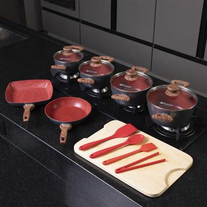 Imagem de Jogo de Panela Cerâmica Antiaderente Indução 10 Pçs Fogão Cooktop Vermelho Duralar