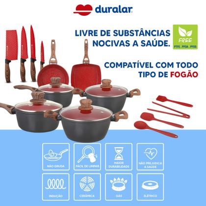 Imagem de Jogo De Panela Cerâmica Antiaderente Indução 14 Pçs Fogão Cooktop Vermelho Duralar
