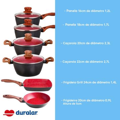 Imagem de Jogo De Panela Cerâmica Antiaderente Indução 14 Pçs Fogão Cooktop Vermelho Duralar