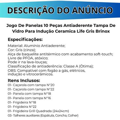 Imagem de Jogo De Panela Fogão de Indução Cerâmica Antiaderente Ceramic Life Gris Brinox 10 Peças