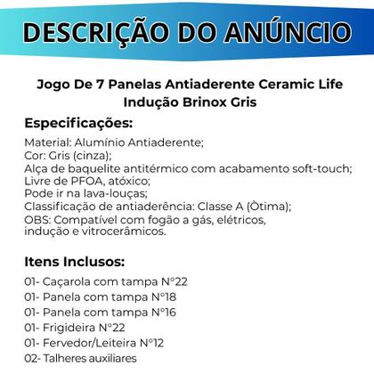 Imagem de Jogo De Panela Fogão de Indução Cerâmica Antiaderente Ceramic Life Gris Brinox 7 Peças