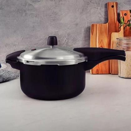 Imagem de Jogo de Panela Pressão 6l Alumínio Antiaderente Preto Com Amassador Inox e Concha Tramontina
