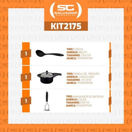 Imagem de Jogo de Panela Pressão 6l Alumínio Antiaderente Preto Com Amassador Inox e Concha Tramontina