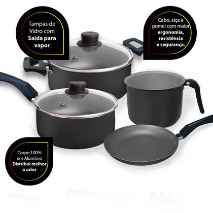 Imagem de Jogo de Panelas 09 Peças  Antiaderente c/ Tampa de Vidro + Utensílios