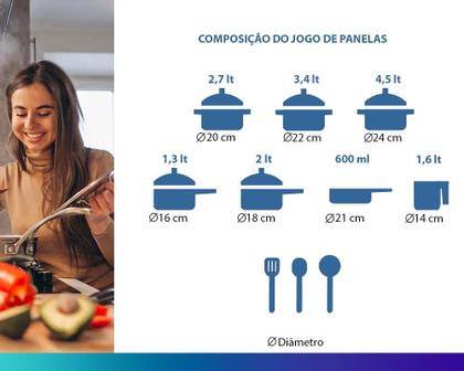Imagem de Jogo de Panelas 09 Peças  Antiaderente c/ Tampa de Vidro + Utensílios