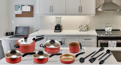 Imagem de Jogo de Panelas 11 Peças Antiaderente Teflon Cereja com Panela de Pressão 3,0 Litros Tampa de Vidro