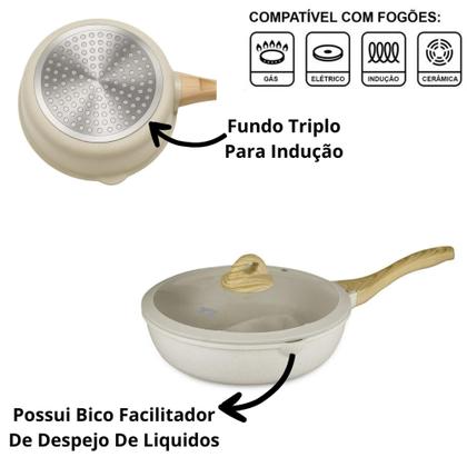 Imagem de Jogo De Panelas 5 Peças Antiaderente Indução Gás Conjunto Revestido Cerâmica Granito Caçarola - BEGE