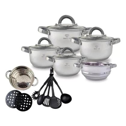 Imagem de Jogo de Panelas Aço Inox Original 19 Peças Acessórios com Fundo 9 Camadas Indução e Gás