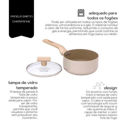 Imagem de Jogo De Panelas Alumínio Antiaderente 07 Peças Mimo Style Sartin Cook Champanhe Com Panela Caçarola Leitera e Grill