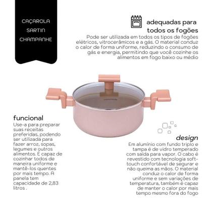 Imagem de Jogo De Panelas Alumínio Antiaderente 07 Peças Mimo Style Sartin Cook Champanhe Com Panela Caçarola Leitera e Grill