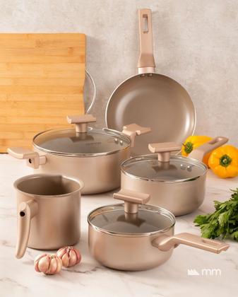 Imagem de Jogo De Panelas Alumínio Antiaderente 07 Peças Mimo Style Sartin Cook Champanhe Com Panela Caçarola Leitera e Grill