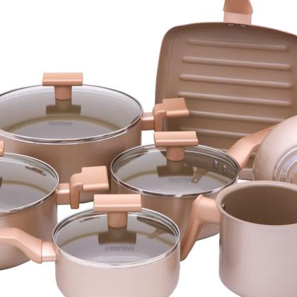 Imagem de Jogo De Panelas Alumínio Antiaderente 07 Peças Mimo Style Sartin Cook Champanhe Com Panela Caçarola Leitera e Grill