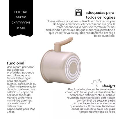 Imagem de Jogo De Panelas Alumínio Antiaderente 07 Peças Mimo Style Sartin Cook Champanhe Com Panela Caçarola Leitera e Grill