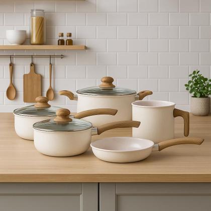 Imagem de Jogo de Panelas Antiaderente Alumínio Indução Ecoglide Tuut 5 Peças Vanilla