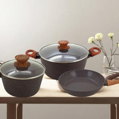 Imagem de Jogo de Panelas Antiaderente Ceramica Cooktop Fogão Indução Kit 3 Peças Conjunto Marmol