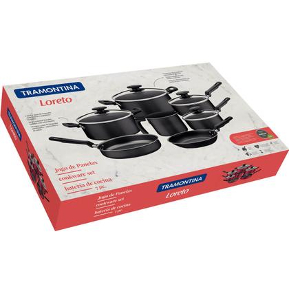 Imagem de Jogo de Panelas Antiaderente Tramontina Loreto 7pçs Grafite Alumínio Tampas de Vidro Temperado