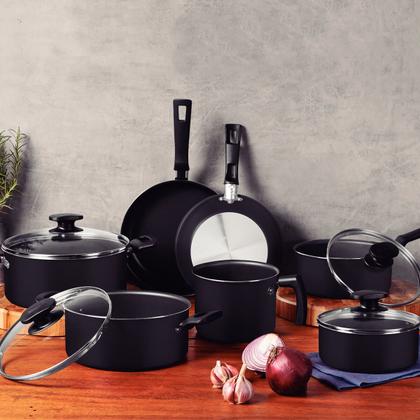 Imagem de Jogo de Panelas Antiaderente Tramontina Loreto 7pçs Grafite Alumínio Tampas de Vidro Temperado