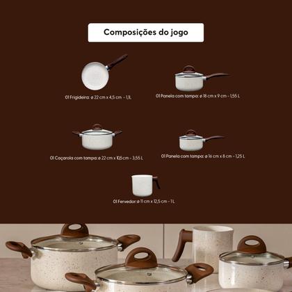 Imagem de Jogo de Panelas Brinox Antiaderente Ceramic Life 5 Peças Smart PLus Vanilla
