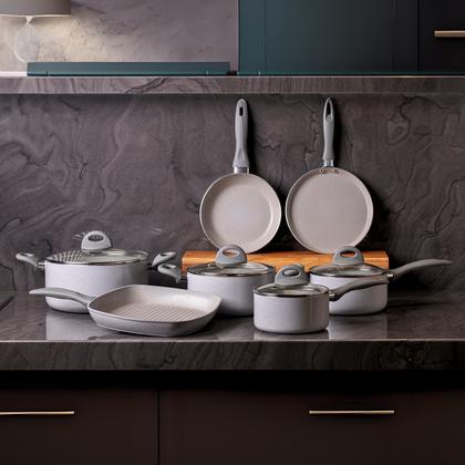 Imagem de Jogo de Panelas Brinox Antiaderente Ceramic Life 7 Peças Marble Blend com Indução Cinza Claro