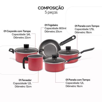 Imagem de Jogo de Panelas Brinox Ceramic Life Naturalle 5 Peças Vermelho Garlic