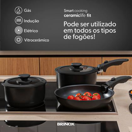 Imagem de Jogo de Panelas Brinox Fit 10 peças  Cabo Removível, Antiaderente Cerâmico, Para Indução  Compacto e Empilhável Cor Preto