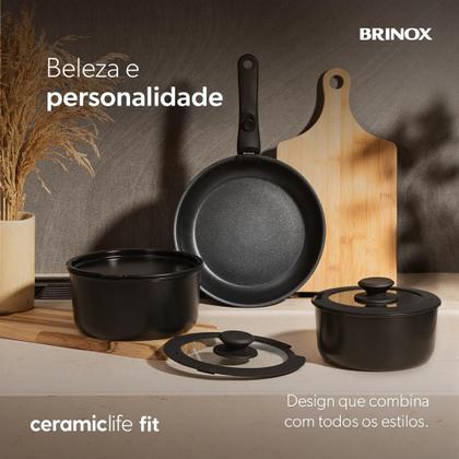 Imagem de Jogo de Panelas Brinox Fit 10 peças  Cabo Removível, Antiaderente Cerâmico, Para Indução  Compacto e Empilhável Cor Preto