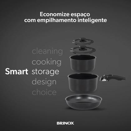 Imagem de Jogo de Panelas Brinox Fit 10 peças  Cabo Removível, Antiaderente Cerâmico, Para Indução  Compacto e Empilhável Cor Preto