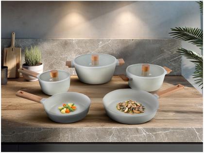 Imagem de Jogo de Panelas Brinox Revestimento Cerâmico Creme 5 Peças Cabo Amadeirado Ceramic Life Nordic