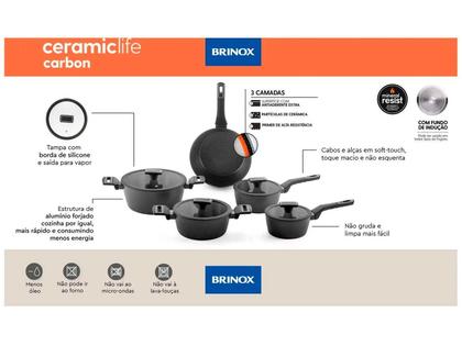 Imagem de Jogo de Panelas Brinox Revestimento Cerâmico Preto 5 Peças Carbon Ceramic Life