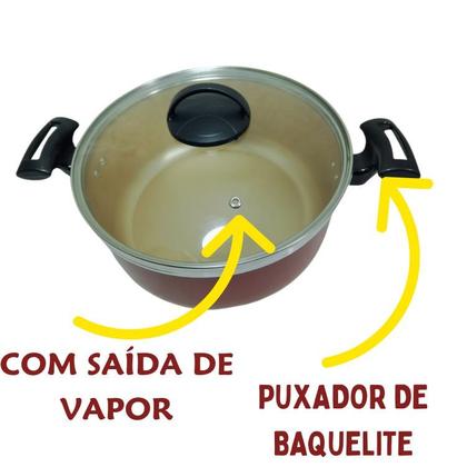 Imagem de Jogo De Panelas Caçarolas Plus 16 a 24 Antiaderente Com 5 Camadas Teflon Cor Cereja e Dourado