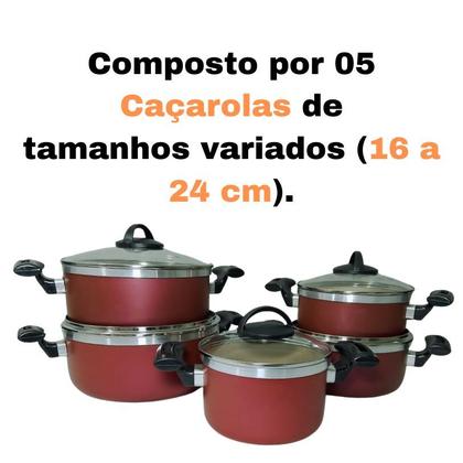 Imagem de Jogo De Panelas Caçarolas Plus 16 a 24 Antiaderente Com 5 Camadas Teflon Cor Cereja e Dourado